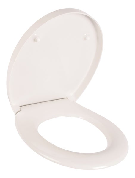 Ein geöffneter WC Sitz aus Kunststoff in ovaler Form für die Montage auf einer Toilette.
