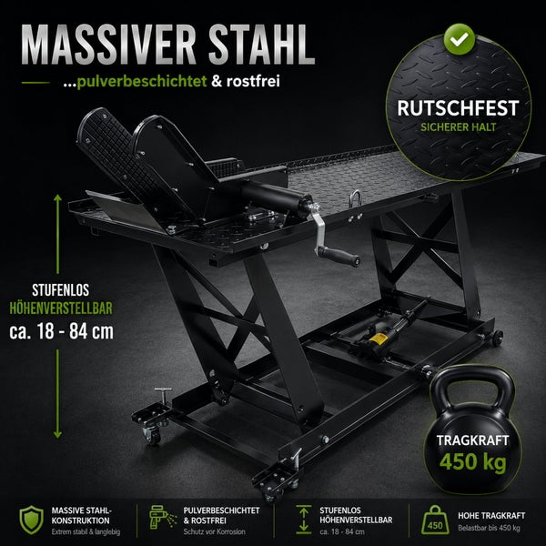 Motorradhebebühne aus pulverbeschichtetem Stahl, rutschfest, stufenlos höhenverstellbar von circa 18 bis 84 Zentimeter, Tragkraft 450 Kilogramm.