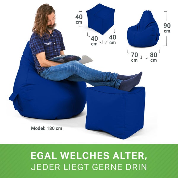 Green Bean 2er Set Sitzsack + Hocker - fertig befüllt - robust waschbar schmutzabweisend - Kinder & Erwachsene Bean Bag Bodenkissen Lounge Sitzhocker Relax-Sessel Gamer Gamingstuhl Pouf - Blau