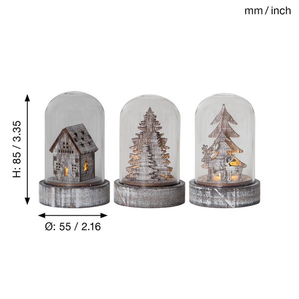 Drei dekorative Weihnachtskuppeln mit Haus, Baum und Rentierfiguren aus Holz