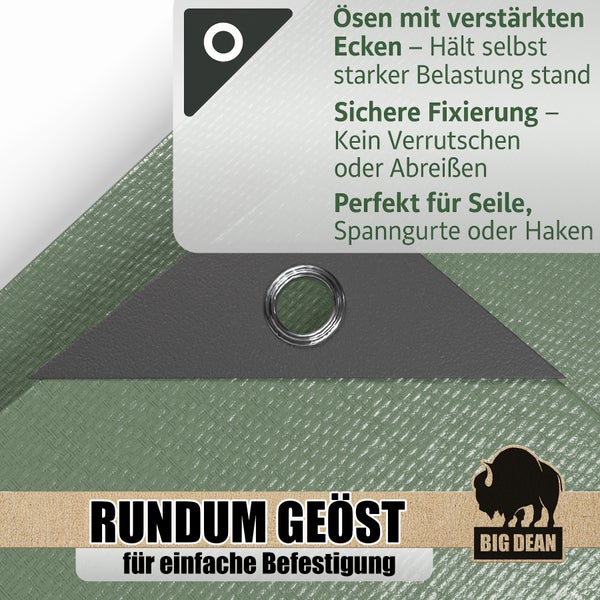 Detailaufnahme einer Gewebeplane mit Öse zur sicheren Befestigung, Big Dean Logo.
