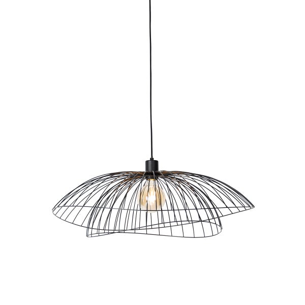 Schwarze Pendelleuchte mit Drahtschirm und Glühbirne