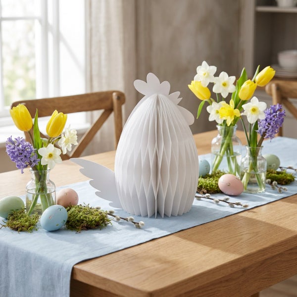 Osterdekoration mit einem Papierhahn als Tischmitte, arrangiert mit Blumen in Glasvasen und Ostereiern auf einem Holztisch.