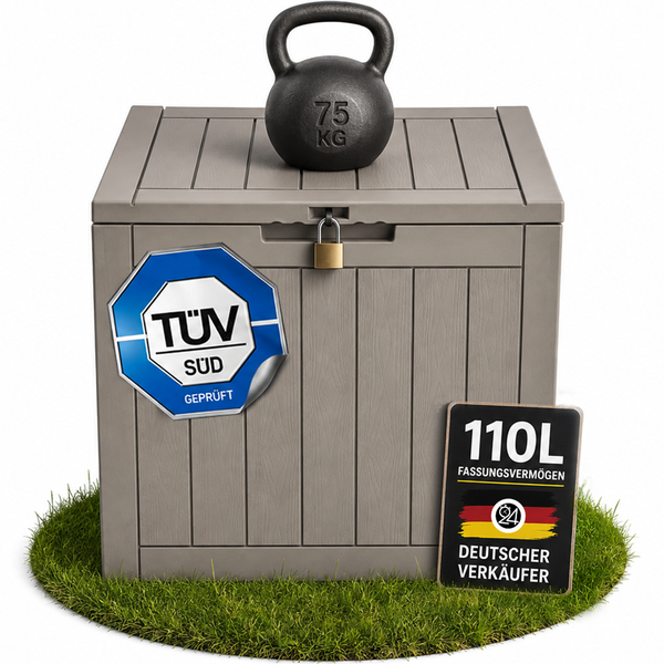 Gartenbox aus Kunststoff in Holzoptik mit 110 Liter Fassungsvermögen, TÜV SÜD geprüft, abschließbar und belastbar bis 75 Kilogramm.
