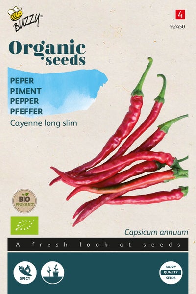 Buzzy Logo, Packung Bio-Saatgut von Cayenne Long Slim Pfeffer