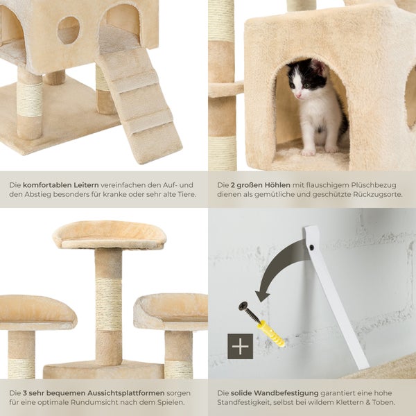 Detailansicht eines Katzenkratzbaums mit Leitern, Höhlen, Aussichtsplattformen und Wandbefestigung