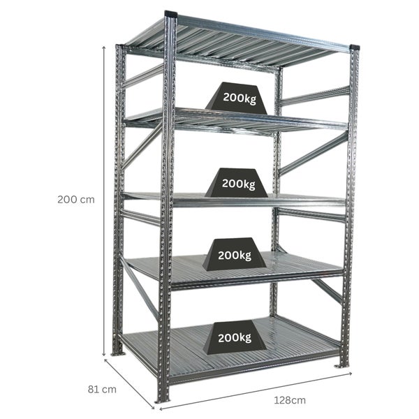 Metallregal mit vier Ablageflächen und den Maßen 200 cm Höhe, 81 cm Tiefe und 128 cm Breite