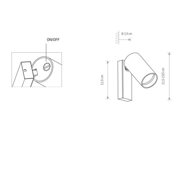Technische Zeichnung einer Wandleuchte mit Bemaßung und Ein-Ausschalter Details.