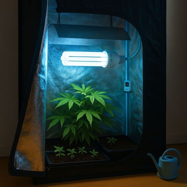 Growbox mit Pflanze unter einer Pflanzenlampe mit Reflektor, Setzlingen in Schalen und einer Gießkanne daneben.