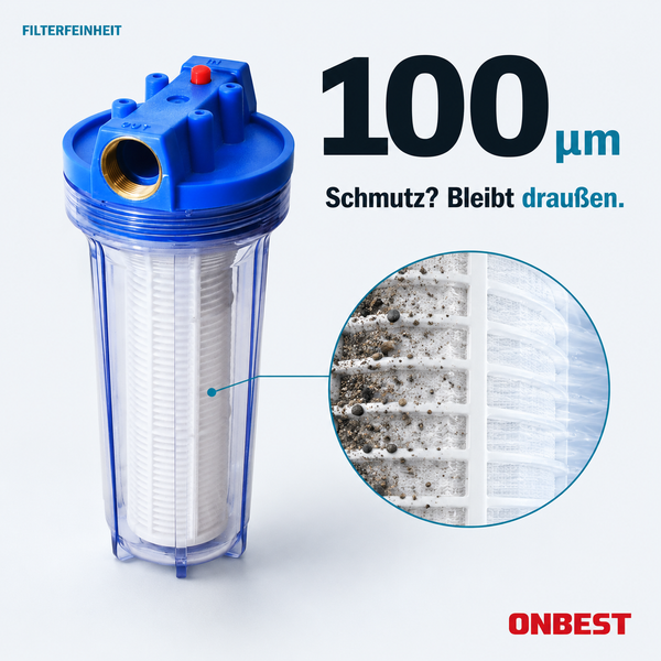 Wasserfilter (310 mal 100 Millimeter) mit technischen Daten: 6000 Liter pro Stunde, 100 Mikrometer, 1 Zoll Anschluss, auswaschbar. ONBEST Logo.