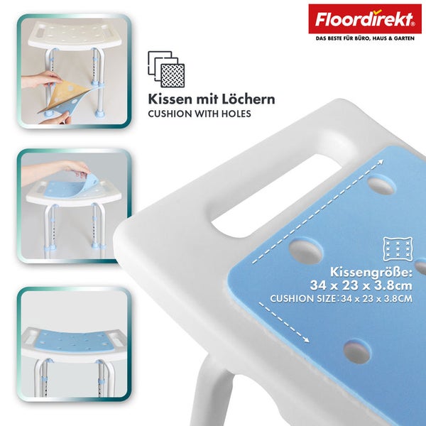 Duschhocker mit abnehmbarem, hellblauem Kissen mit Löchern und den Maßen 34 x 23 x 3,8 Zentimeter