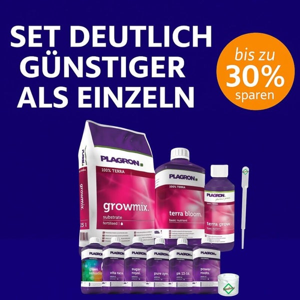 Plagron Pflanzennährstoff-Set mit Growmix Substrat, Terra Bloom, Terra Grow und verschiedenen Additiven. Sparen Sie bis zu 30 Prozent im Set.