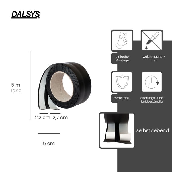 Dalsys Weichsockelleiste, selbstklebend, 5 Meter lang, 5 Zentimeter breit, formstabil, weichmacherfrei, alterungs- und farbbeständig.