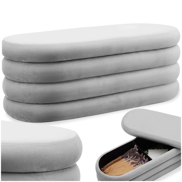 Oval geformte Polsterbank mit geschichtetem Design und integriertem Stauraum, Bezug in weicher Samt-Optik.