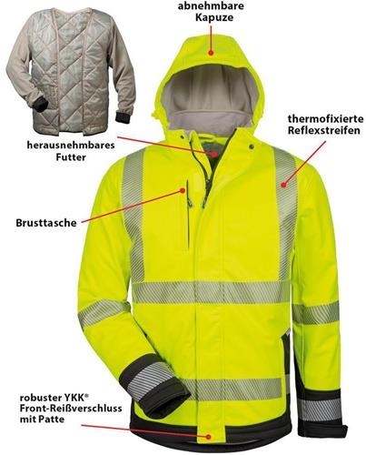 Gelbe Warnschutzjacke mit abnehmbarer Kapuze, Brusttasche, thermofixierten Reflexstreifen, robustem YKK Frontreißverschluss mit Patte und herausnehmbarem Futter