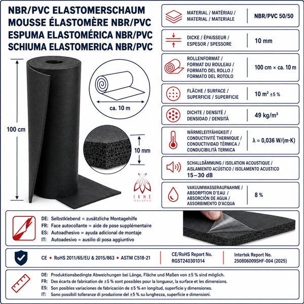 Technische Zeichnung mit Produktdetails für NBR PVC Elastomerschaum Dämmrolle in 10 Millimeter Dicke mit Materialeigenschaften und Zertifikaten.