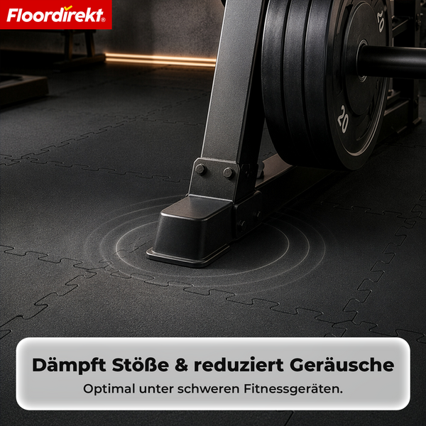 Floordirekt Logo. Ineinandergreifende Fitnessmatten aus Gummi. Ein schweres Trainingsgerät auf dem Boden dämpft Stöße und reduziert Geräusche.