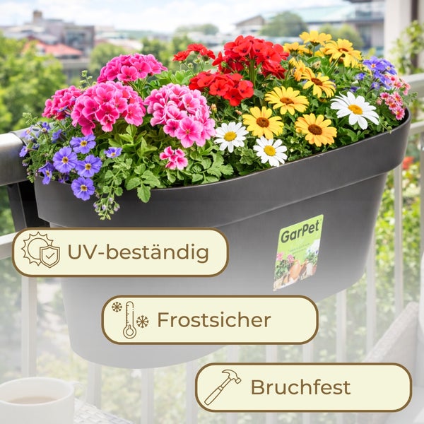 GarPet Blumenkasten mit integriertem Wasserspeicher und herausnehmbarem Gitterboden für heiße Sommertage.