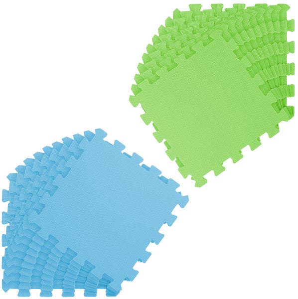 Ineinandergreifende Schaumstoffmatten in Blau und Grün für den Bodenschutz, Set aus mehreren quadratischen Platten mit Puzzlerand.