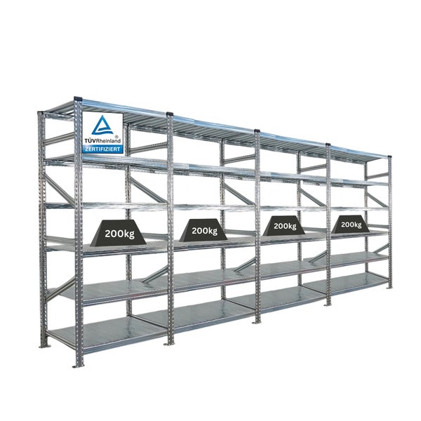 Lagerregal mit fünf Ebenen und TÜV Rheinland Zertifizierung, Traglast 200 Kilogramm pro Ebene