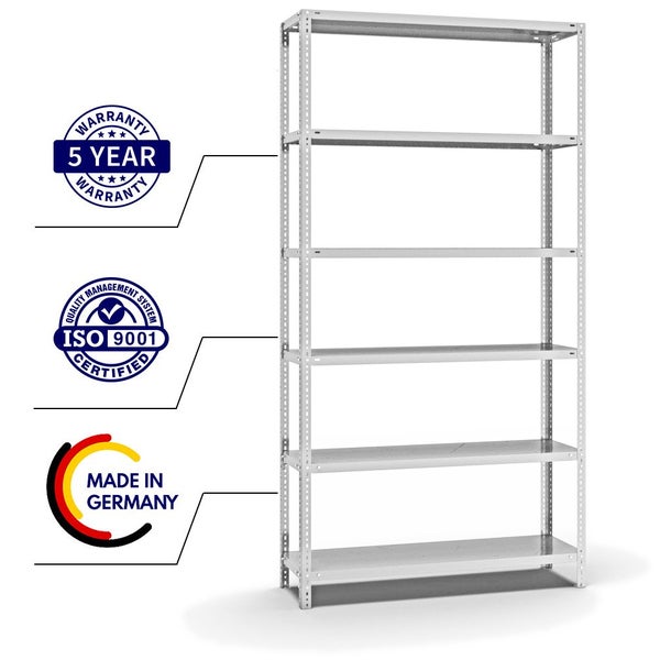 PROREGAL Fachbodenregal Schraubsystem Heavy-Duty Grundregal HxBxT 250 x 130 x 40 cm 6 Ebenen Fachlast 350 kg Beidseitig Nutzbar Lichtgrau