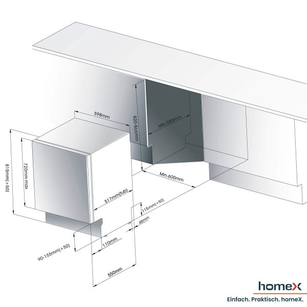 Maßzeichnung einer Dunstabzugshaube mit detaillierten Abmessungen