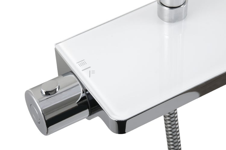 aquaSu® Duschsystem Oblivio mit Thermostat-Armatur | Handbrause: 3-strahlig | Kopfbrause: 1-strahlig | integrierte Ablage | Antikalk | rund | höhenverstellbar | Kleben oder Bohren | Chrom | 723442