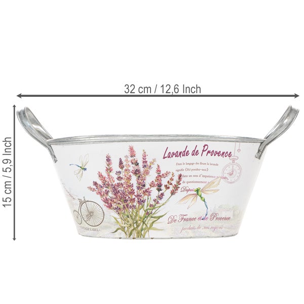 Ovaler Zink-Pflanztopf mit Henkeln und Lavendel-Motiv, Breite 32 Zentimeter, Höhe 15 Zentimeter.
