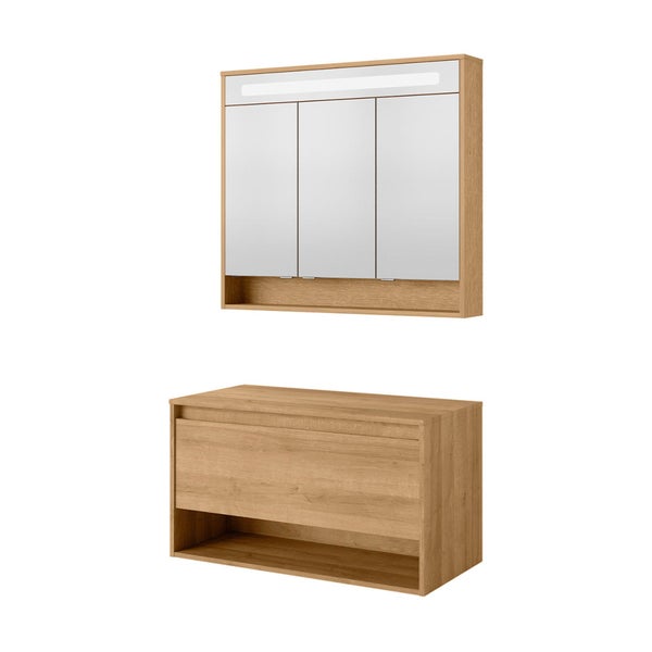 FACKELMANN NATURA Badmöbel Set 2 Teile / Waschbeckenunterschrank mit Schublade / LED Spiegelschrank mit Beleuchtung und 3D-Effekt / Soft-Close-System / Korpus & Front: Braun / Breite: 94 cm