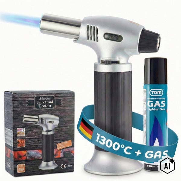 Gasbrenner mit Flamme und 100 Milliliter Feuerzeuggas in der Verpackung