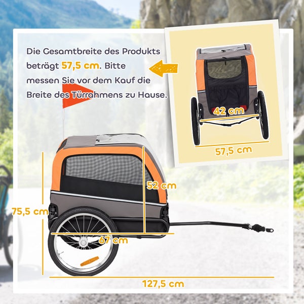 Hundefahrradanhänger in Orange und Grau mit Maßangaben für Außen- und Innenmaße, Gesamtbreite 57,5 Zentimeter.