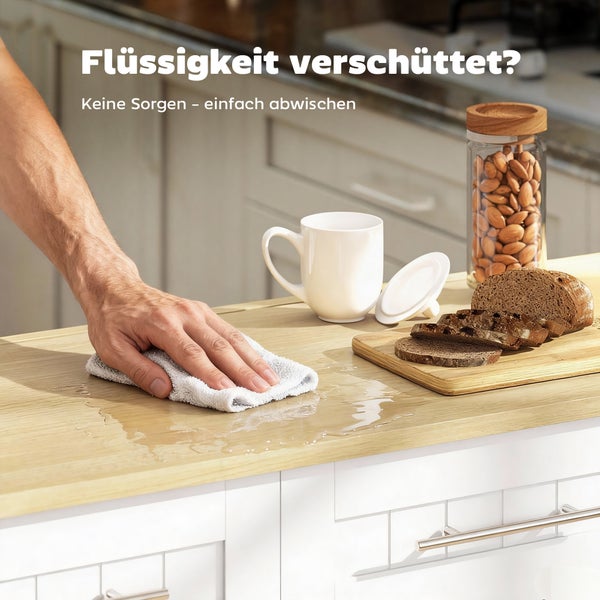 Eine Hand wischt verschüttete Flüssigkeit mit einem Tuch von einer pflegeleichten Küchenarbeitsplatte in heller Holzoptik ab.