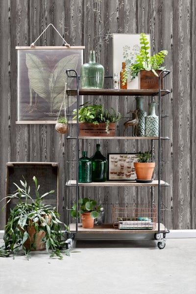 Dekoratives Regal auf Rollen mit Pflanzen, Vasen und Rahmen vor einer Holzvertäfelung