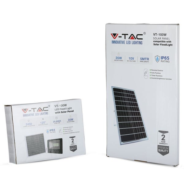 V-Tac VT-100W LED Flutlicht mit Solarpanel und zugehörige Verpackung.