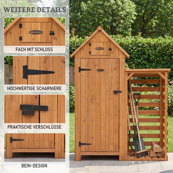 Geräteschrank aus Holz für den Garten mit Satteldach, integriertem Kaminholzregal und Detailansichten von Schloss, Scharnieren, Riegeln und Standfüßen.