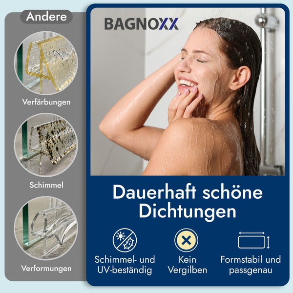 Bagnoxx Logo. Duschdichtungen: Frau duscht, Vorteile wie Schimmelresistenz und Ultraviolett-Beständigkeit im Vergleich zu verformten Profilen.