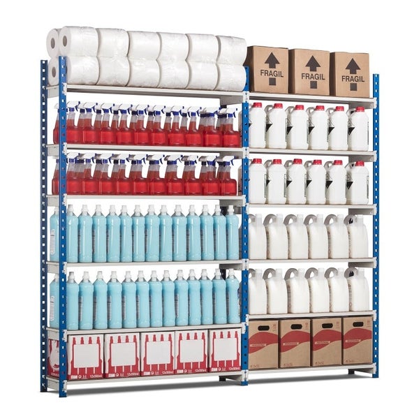 PROREGAL Fachbodenregal Maximus Pro HxBxT200 x 100 x 120 cm 6 Ebenen Spanplatten-Fachboden Fachlast 286 kg Lichtblau-Lichtgrau