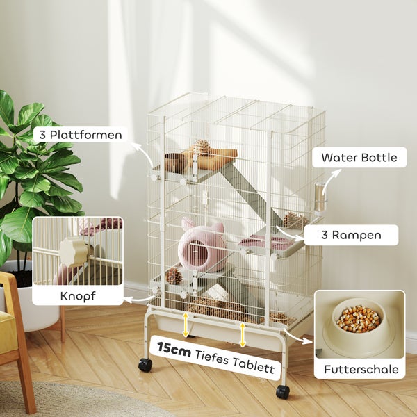 PawHut Kleintierkäfig, Nagerkäfig Frettchenkäfig mit 3 Rampen Mäusekäfig mit ausziehbarem Tablett, Futterschale, Wasserflasche, Käfig mit Zubehör für Chinchilla, Eichhörnchen, Zwerghamster Beige