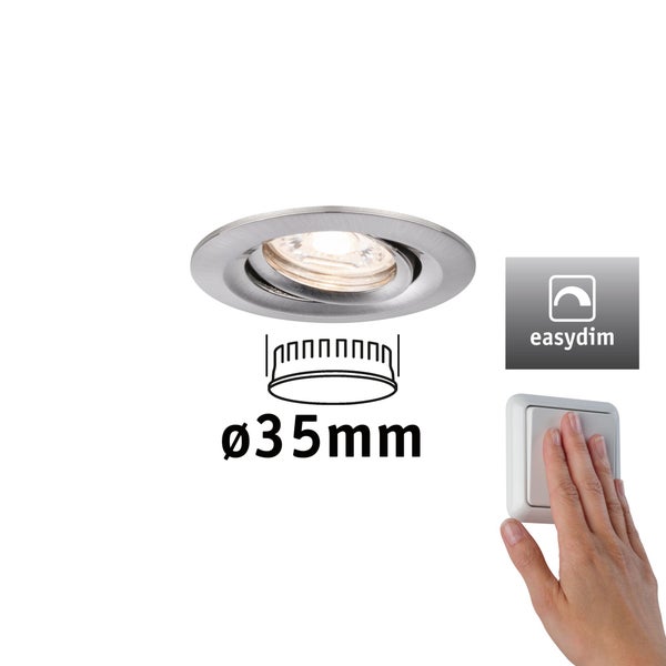 Schwenkbarer LED Einbaustrahler aus Metall mit Easydim Funktion, Durchmesser 35 Millimeter, Bedienung per Lichtschalter.