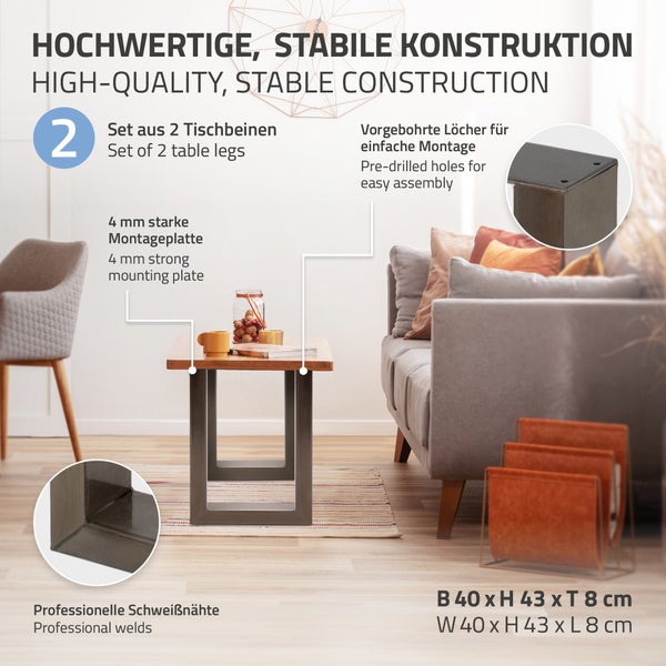 ECD Germany 2er Set Tischbeine 40x43 cm, Dunkelgrau, Stahl pulverbeschichtet, Industriestil, Vierkantprofil, Metall Tischkufen, Tischuntergestell Tischgestell Möbelfüße Bankkufen Bankgestell Bankbeine