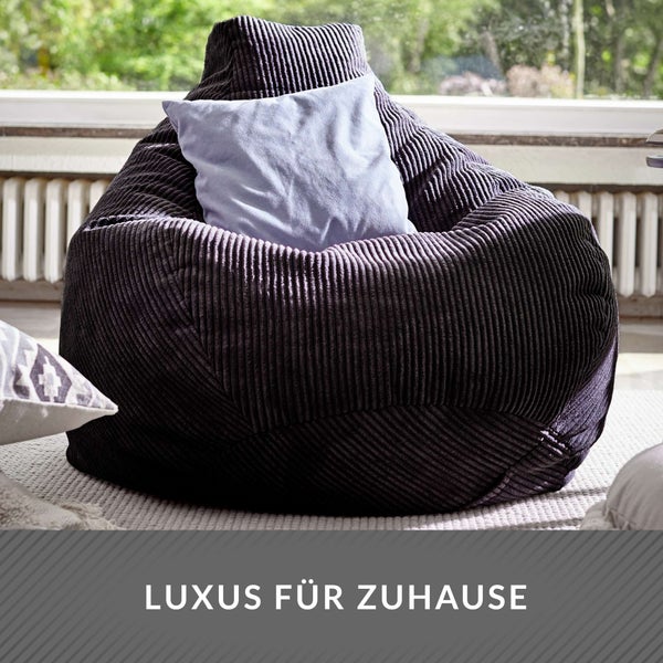 Green Bean Sitzsack mit Rückenlehne 80x80x90cm - Gaming Chair mit 230L Füllung Cordstoff - Bean Bag Bodenkissen Lounge Sitzhocker Relax-Sessel Gamer Gamingstuhl Schwarz