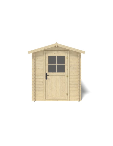 Gartenhaus aus Naturholz in Blockbohlenbauweise mit Satteldach und einer Einzeltür mit Fenstereinsatz.