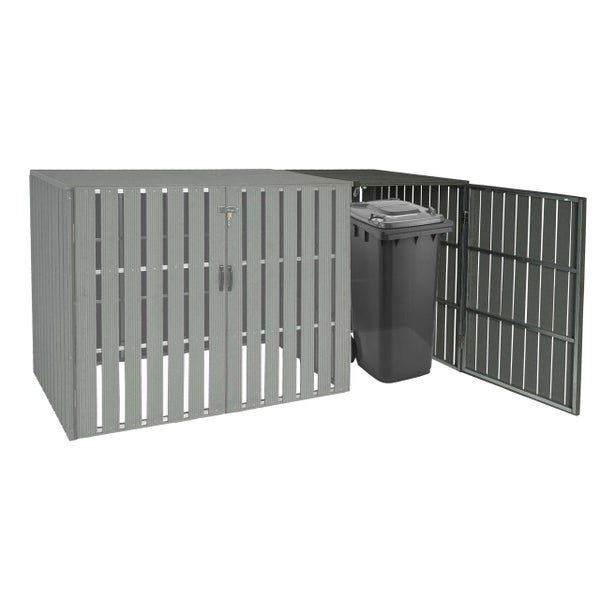 Doppel Mülltonnenbox mit einer geöffneten Tür und Mülltonne