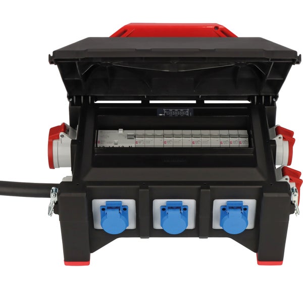 Baustromverteiler mit Sicherungen, Steckdosen und Kabel