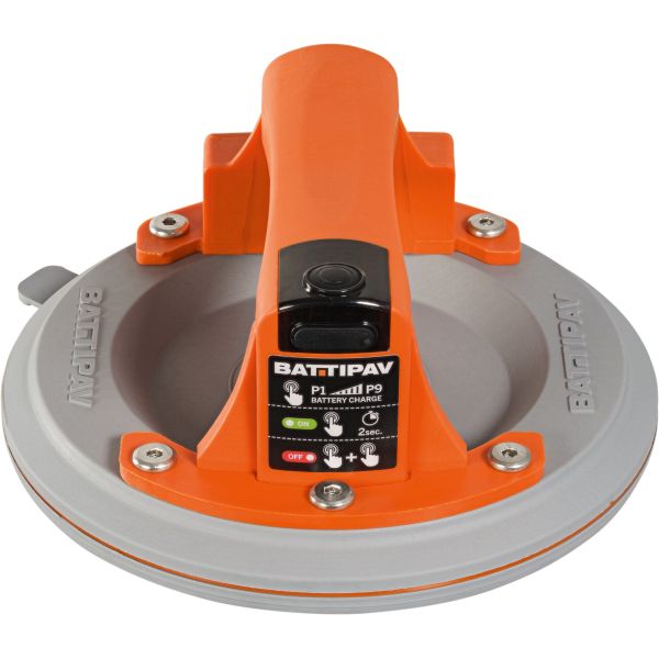 Akku-Saugheber von Battipav aus Kunststoff in Orange und Grau mit integriertem Bedienfeld und ergonomischem Handgriff.