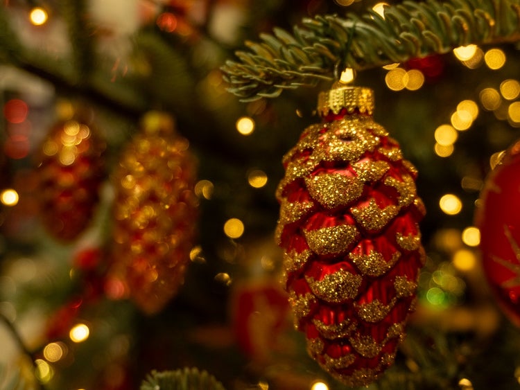 Glas-Tannenzapfen Rot Glanz/Satin mit Gold-Glitter, 4er Set (2 klein 8cm + 2 groß 10cm), 4 Stck., Weihnachtsbaumkugeln, Christbaumschmuck, Weihnachtsbaumanhänger