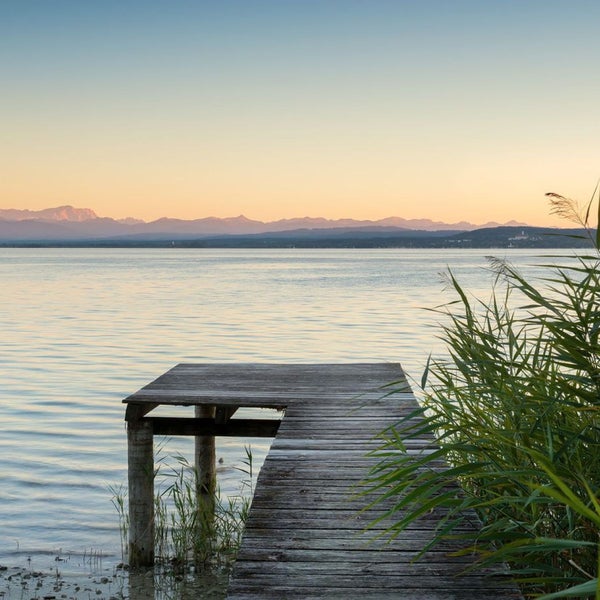Holzsteg am See mit Schilf und Bergen im Hintergrund