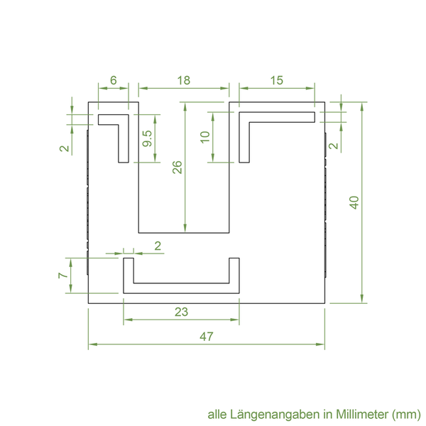 Technische Zeichnung eines Profils mit Maßangaben in Millimeter