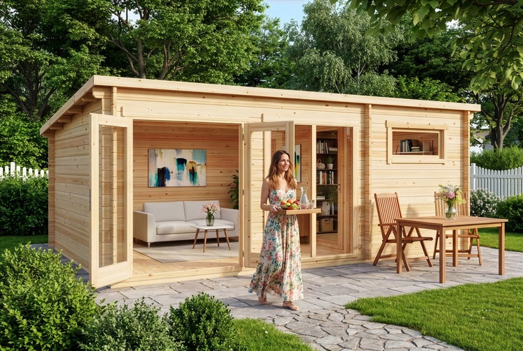 Modernes Gartenhaus aus hellem Holz mit zwei Räumen, Glasflügeltüren, Terrasse mit Holztisch und Stühlen in einem gepflegten Garten.