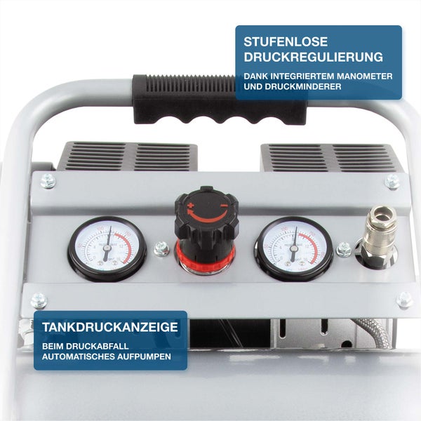 Kompressor-Bedienpanel mit zwei Manometern für stufenlose Druckregulierung und Tankdruckanzeige mit automatischer Nachpumpfunktion.